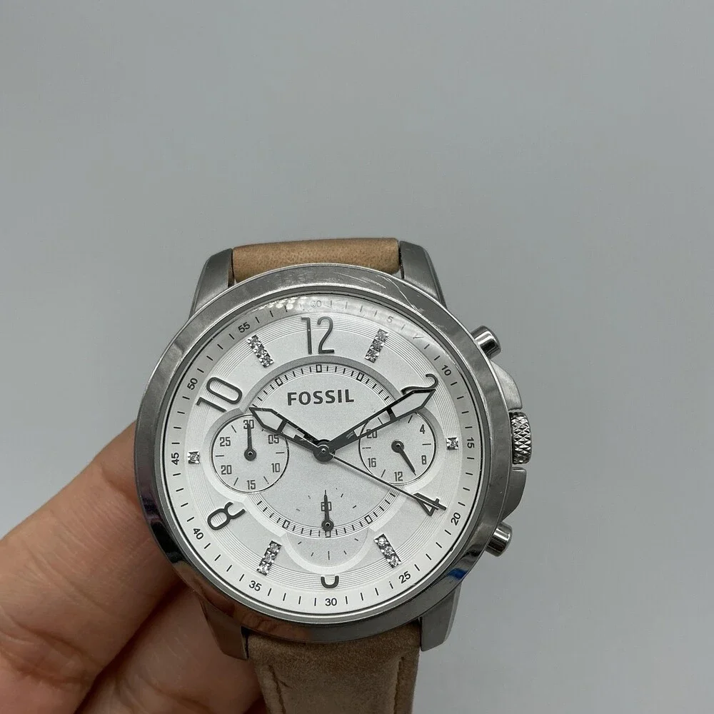 Fossil Womens Watch 38mm Silver Tone Chronograph Leather ES4038 New Battery